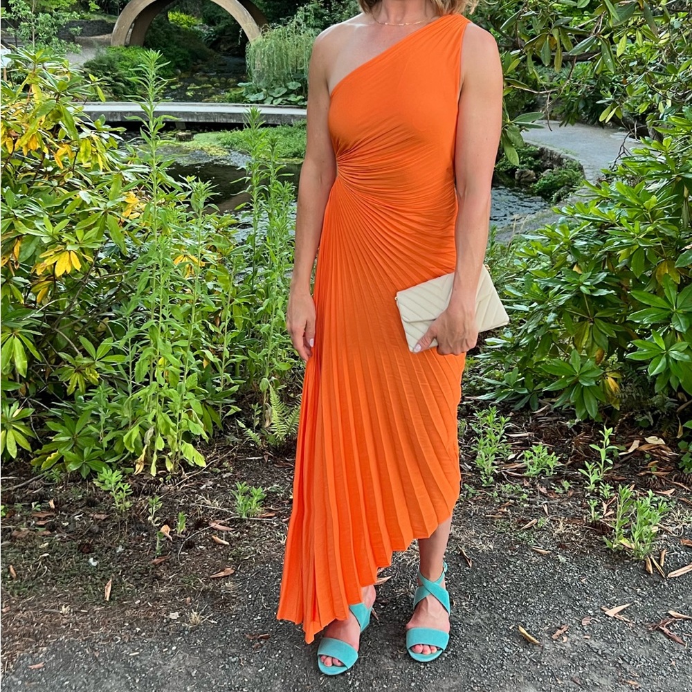 A.L.C. Delfina Satin Pleated One Shoulder Dress in Citrus Orange Size 6